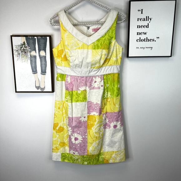 Lilly Pulitzer Vneck Empire Waist Pastel Patchwork Print Tank Dress SZ 4 - Picture 1 of 8
